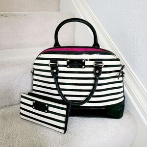 KATE SPADE patent leather stripes handbag black light cream with bifold wallet